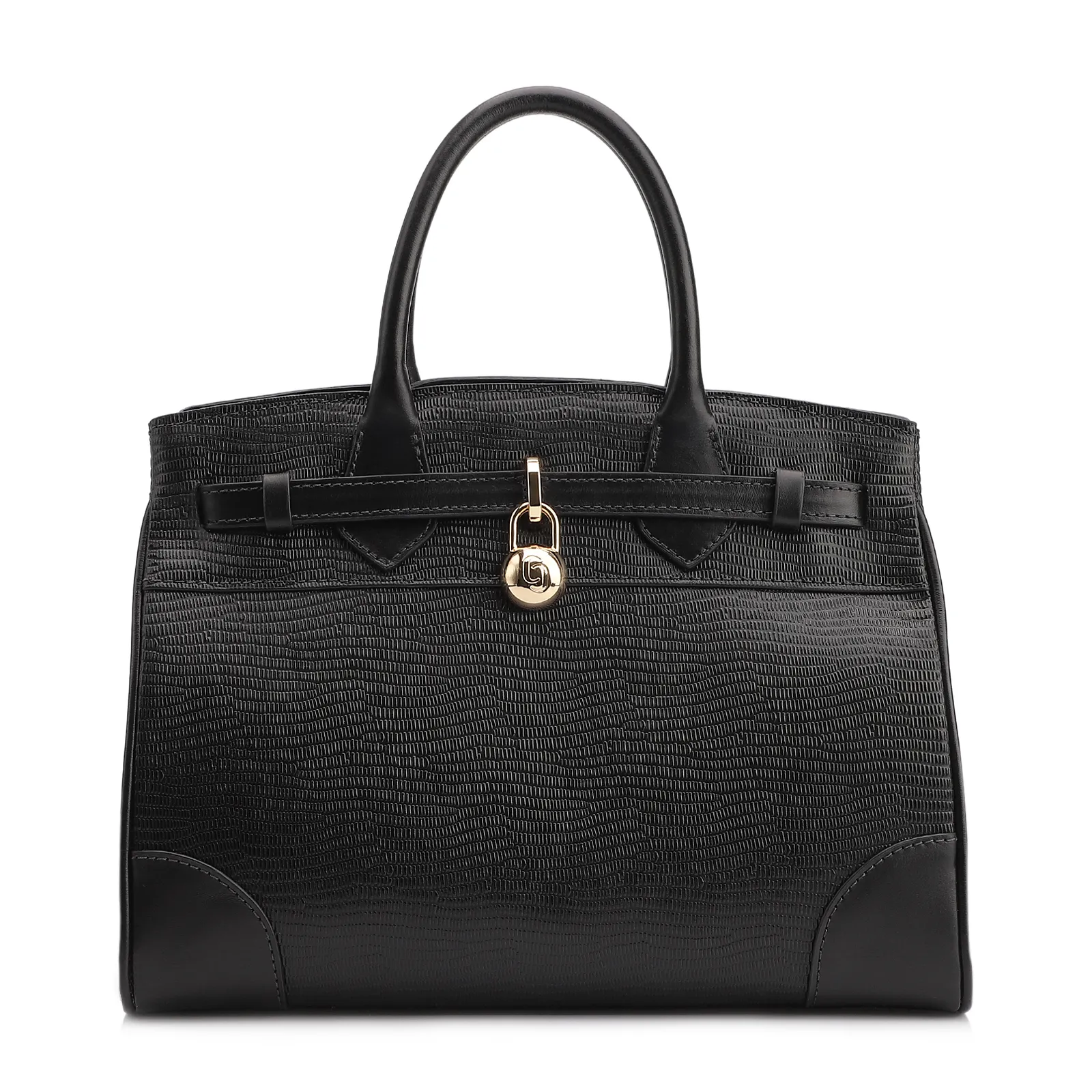 Bolsa Tote Couro Lezard Preto/Couro Preto