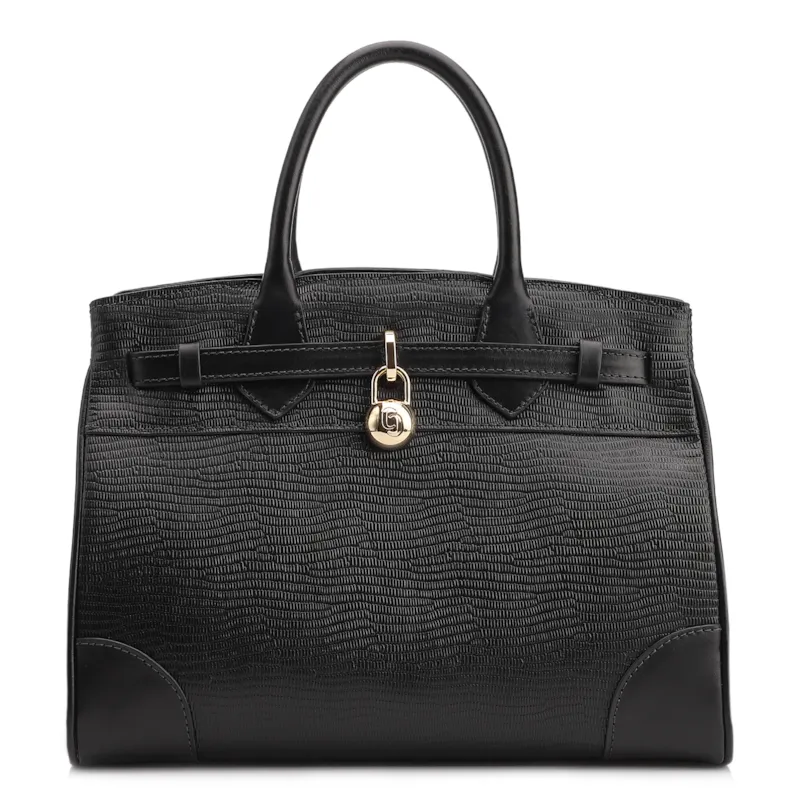 Bolsa Tote Couro Lezard Preto/Couro Preto