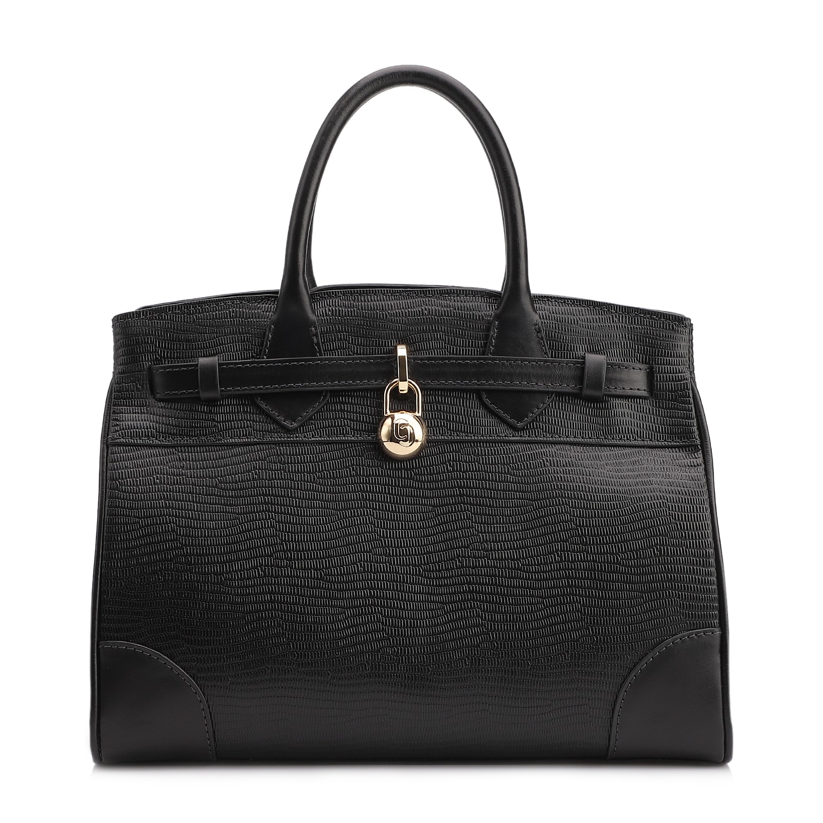 Bolsa Tote Couro Lezard Preto/Couro Preto