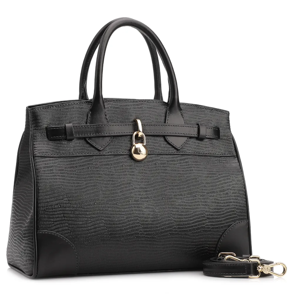 Bolsa Tote Couro Lezard Preto/Couro Preto - imagem 2