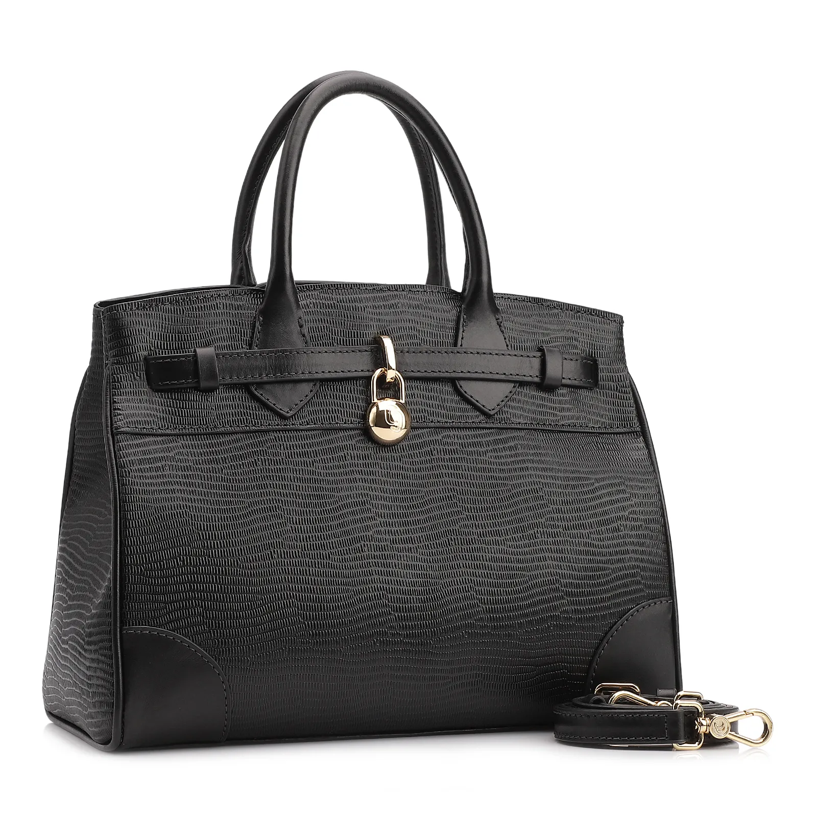 Bolsa Tote Couro Lezard Preto/Couro Preto