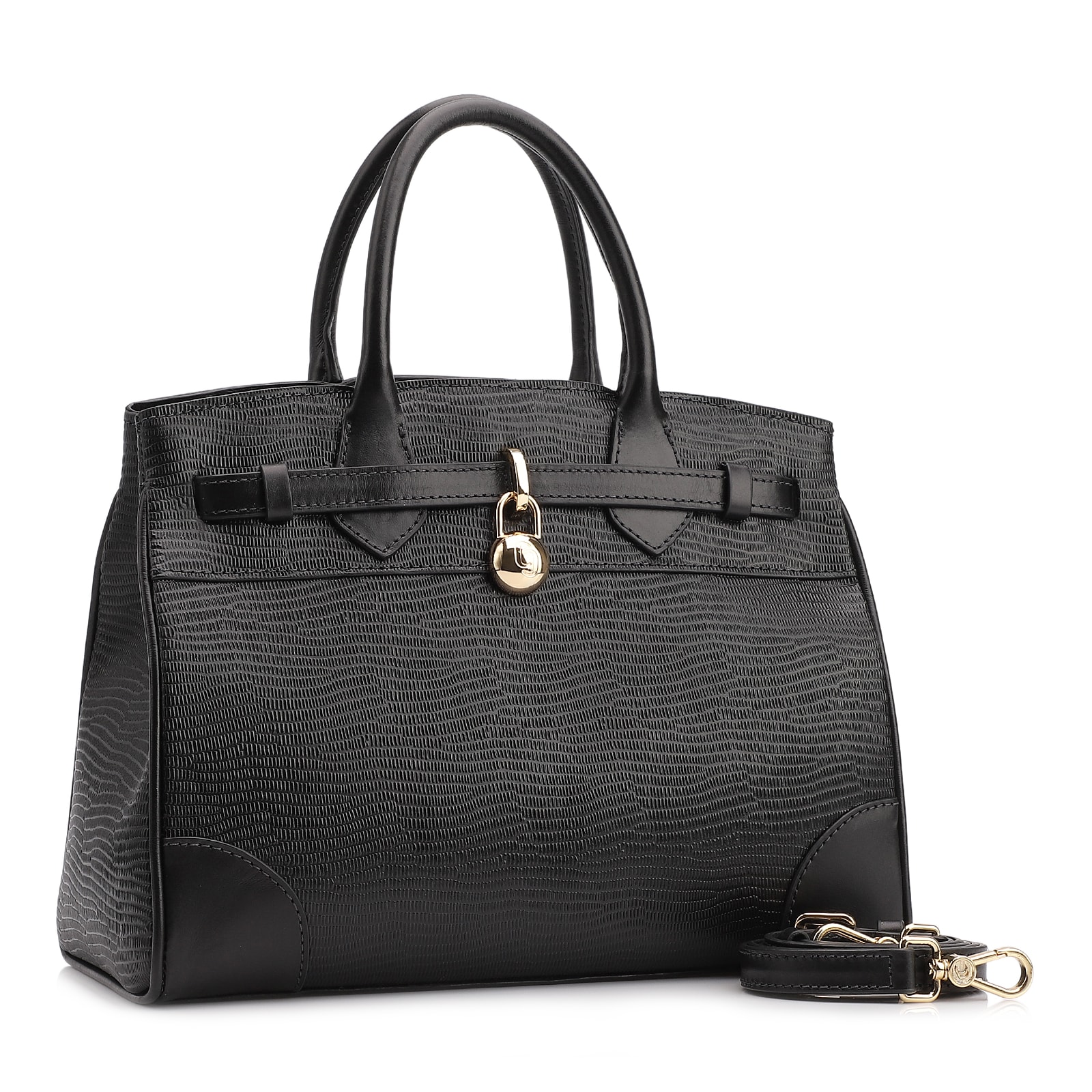 Bolsa Tote Couro Lezard Preto/Couro Preto