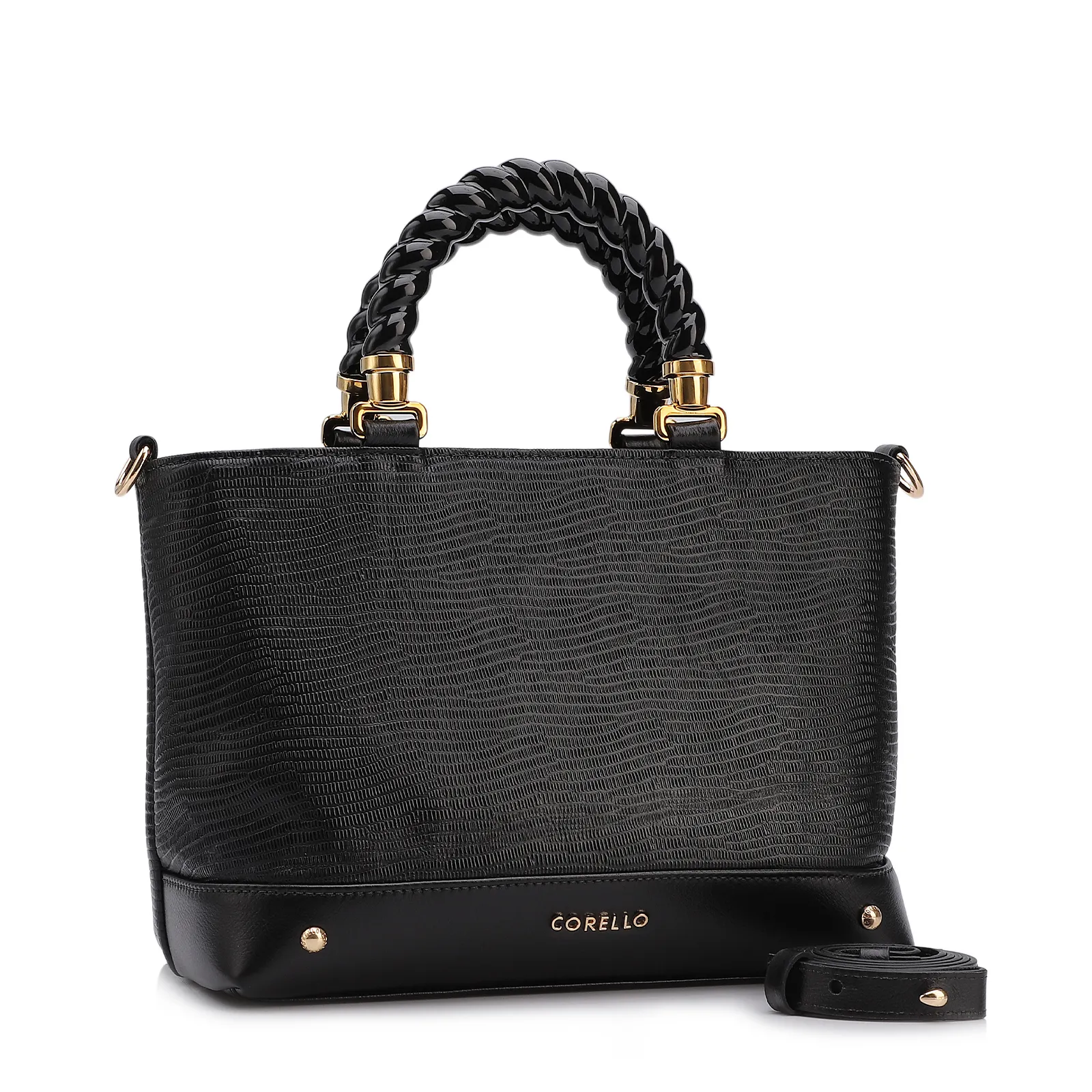 Bolsa Tote Couro Lezard Preto/Couro Preto