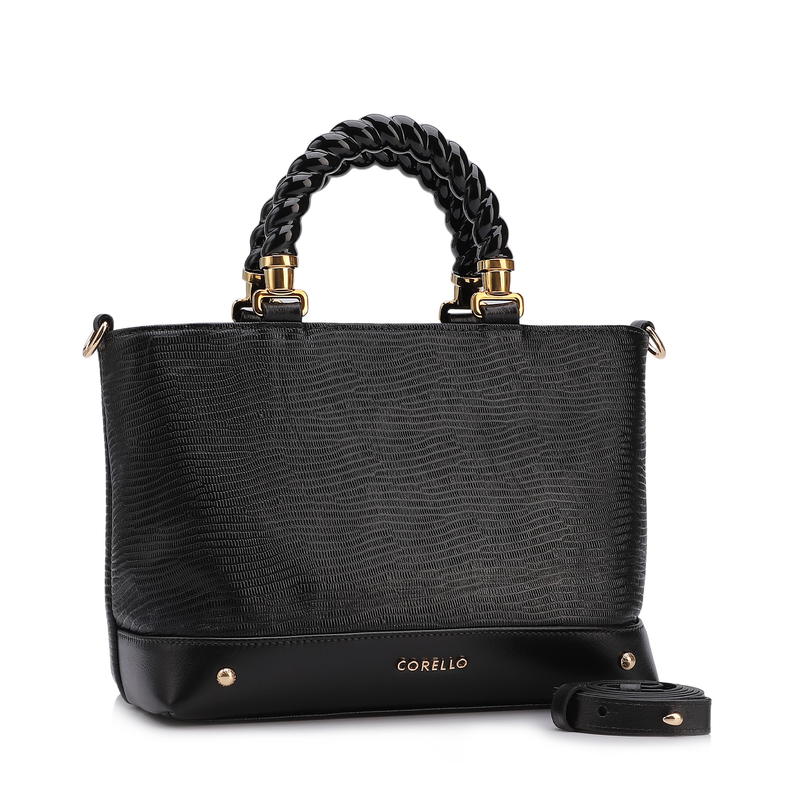 Bolsa Tote Couro Lezard Preto/Couro Preto