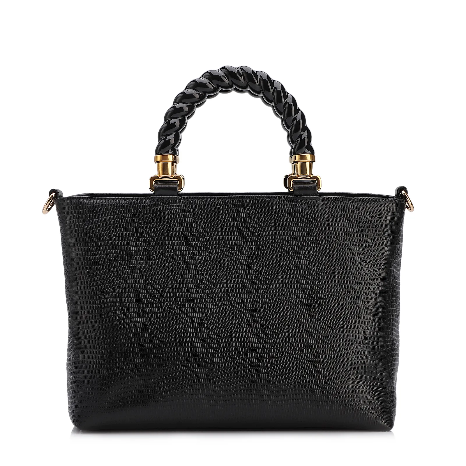 Bolsa Tote Couro Lezard Preto/Couro Preto