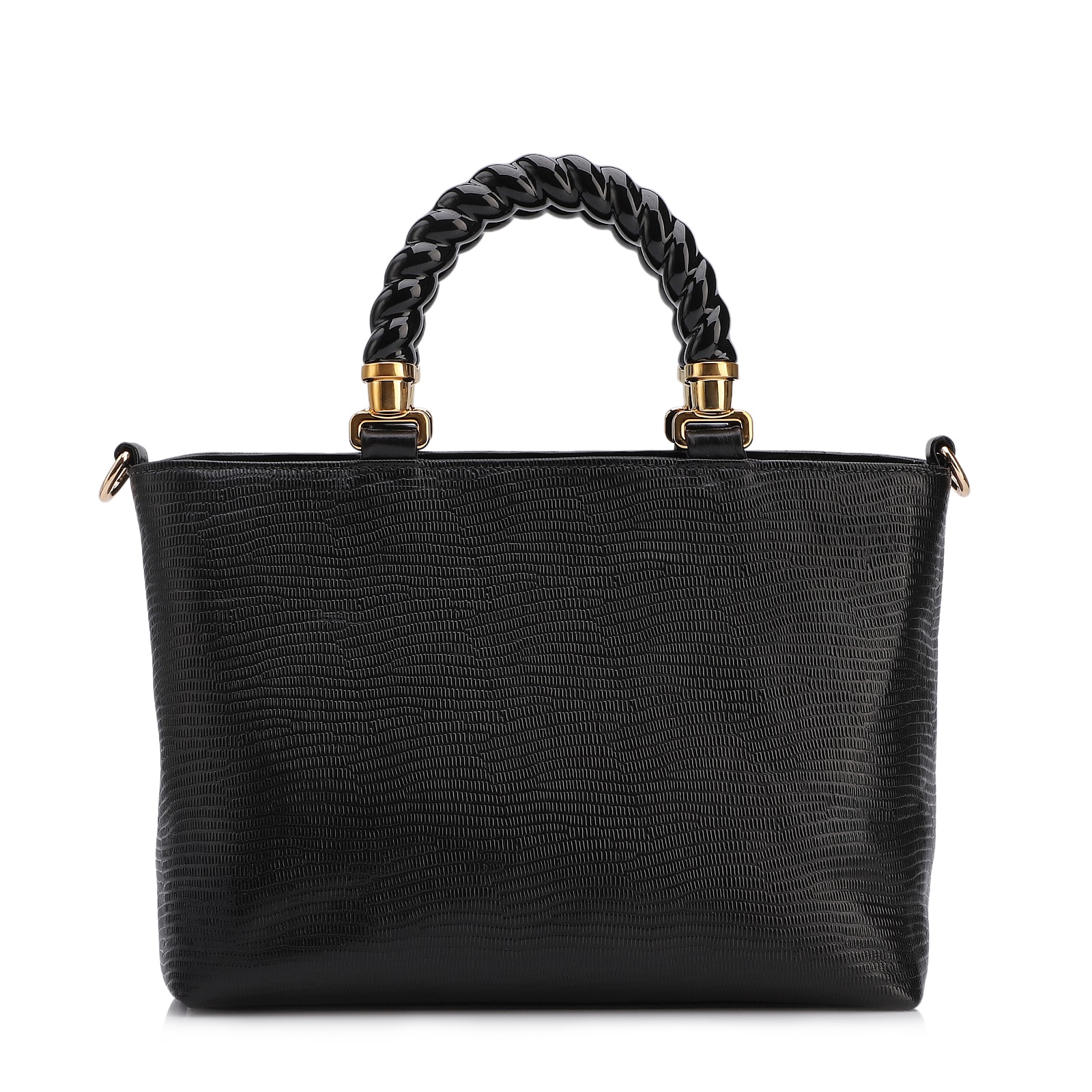 Bolsa Tote Couro Lezard Preto/Couro Preto