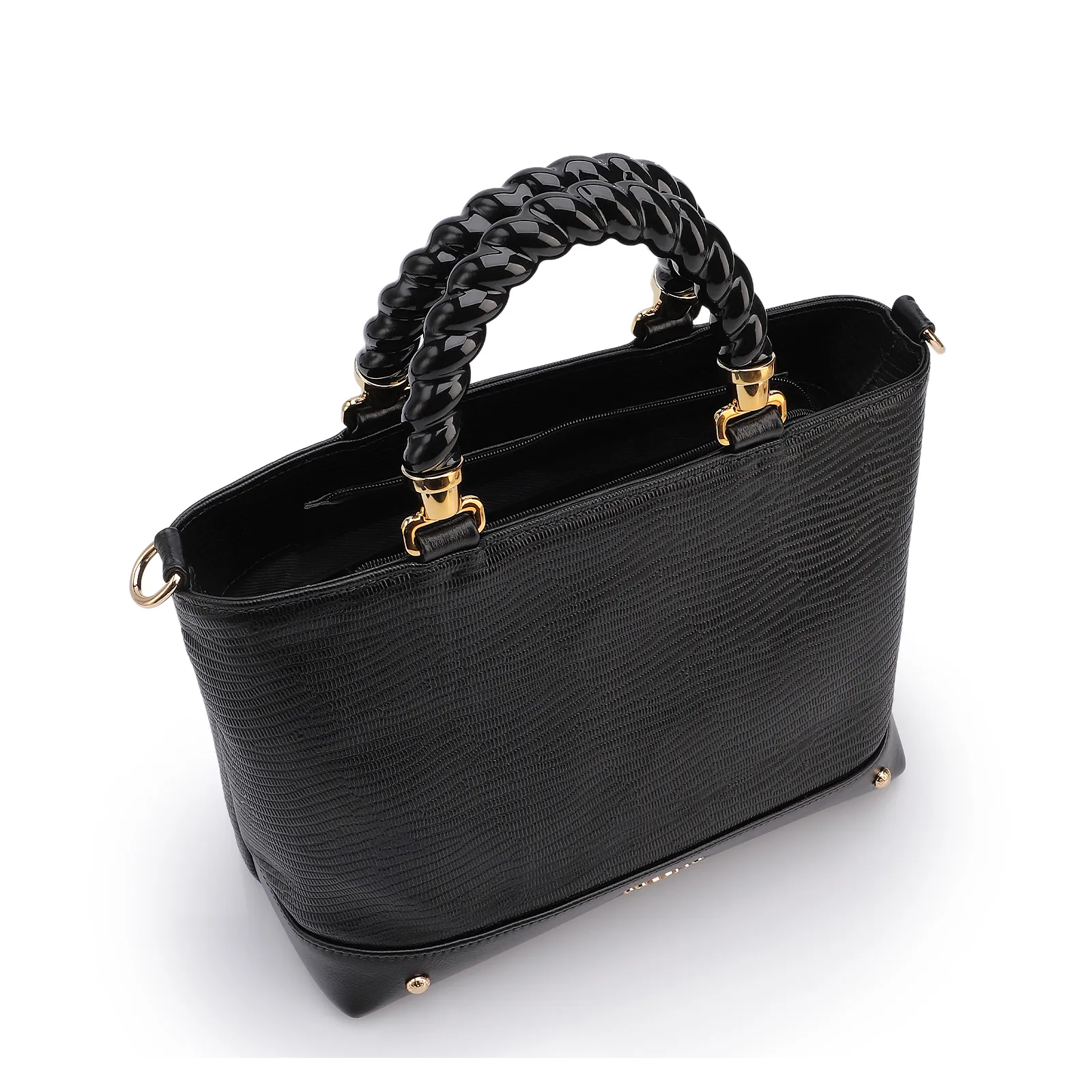 Bolsa Tote Couro Lezard Preto/Couro Preto