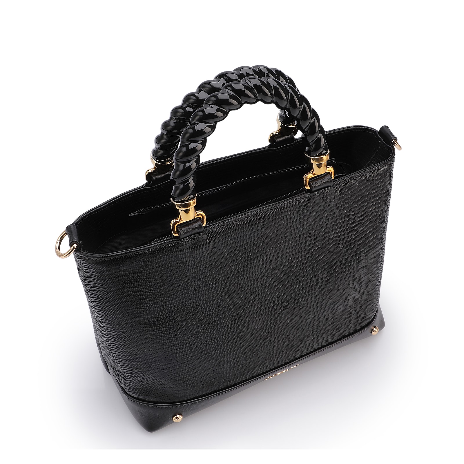 Bolsa Tote Couro Lezard Preto/Couro Preto