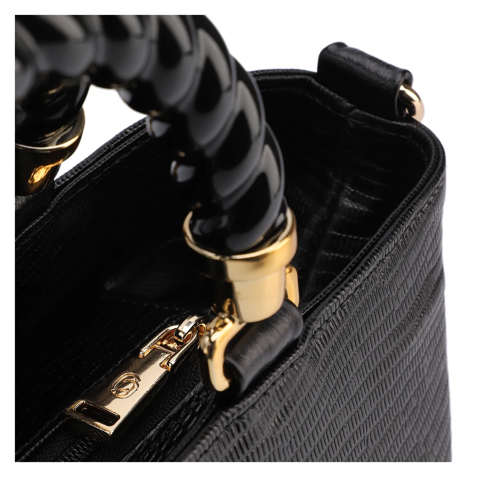 Bolsa Tote Couro Lezard Preto/Couro Preto