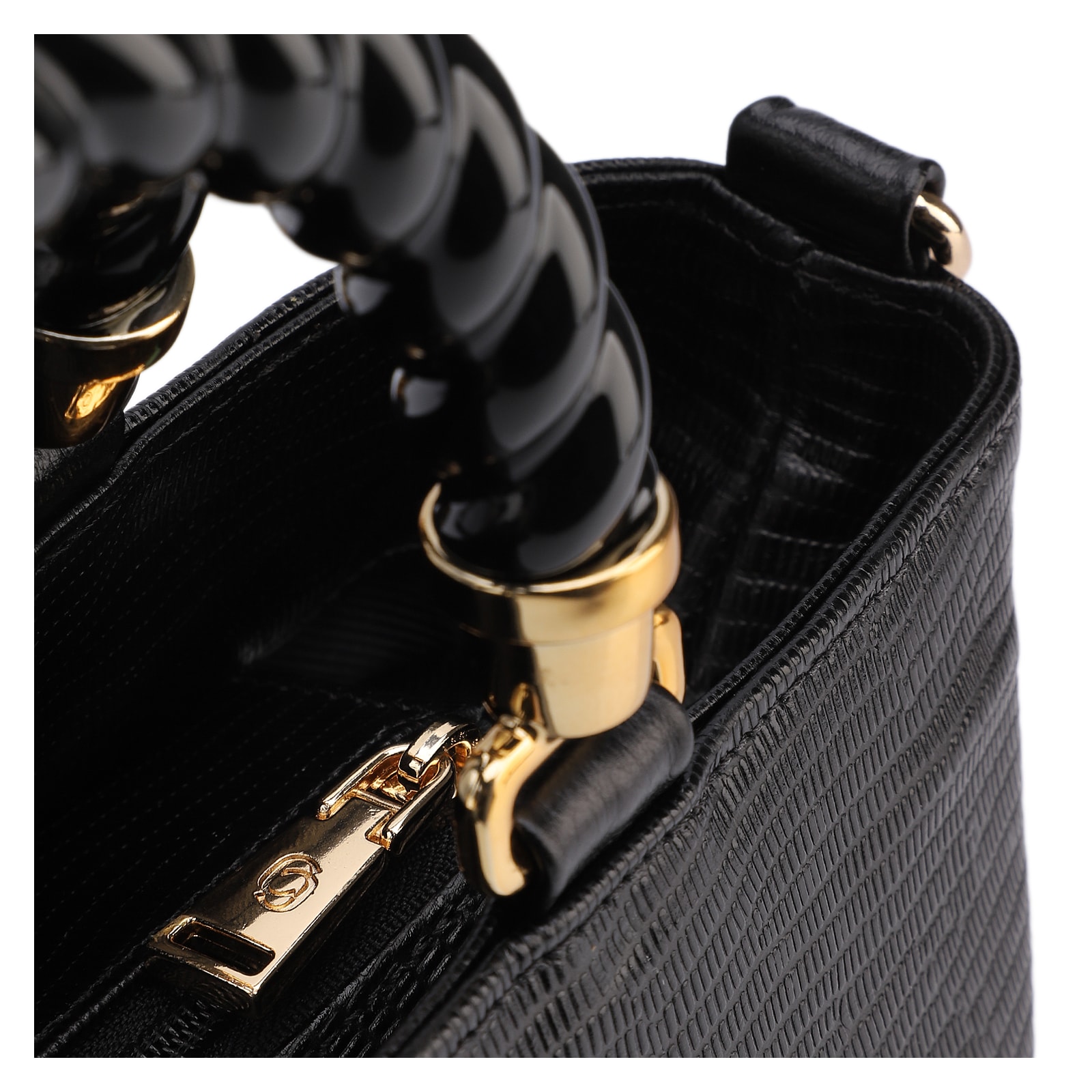 Bolsa Tote Couro Lezard Preto/Couro Preto
