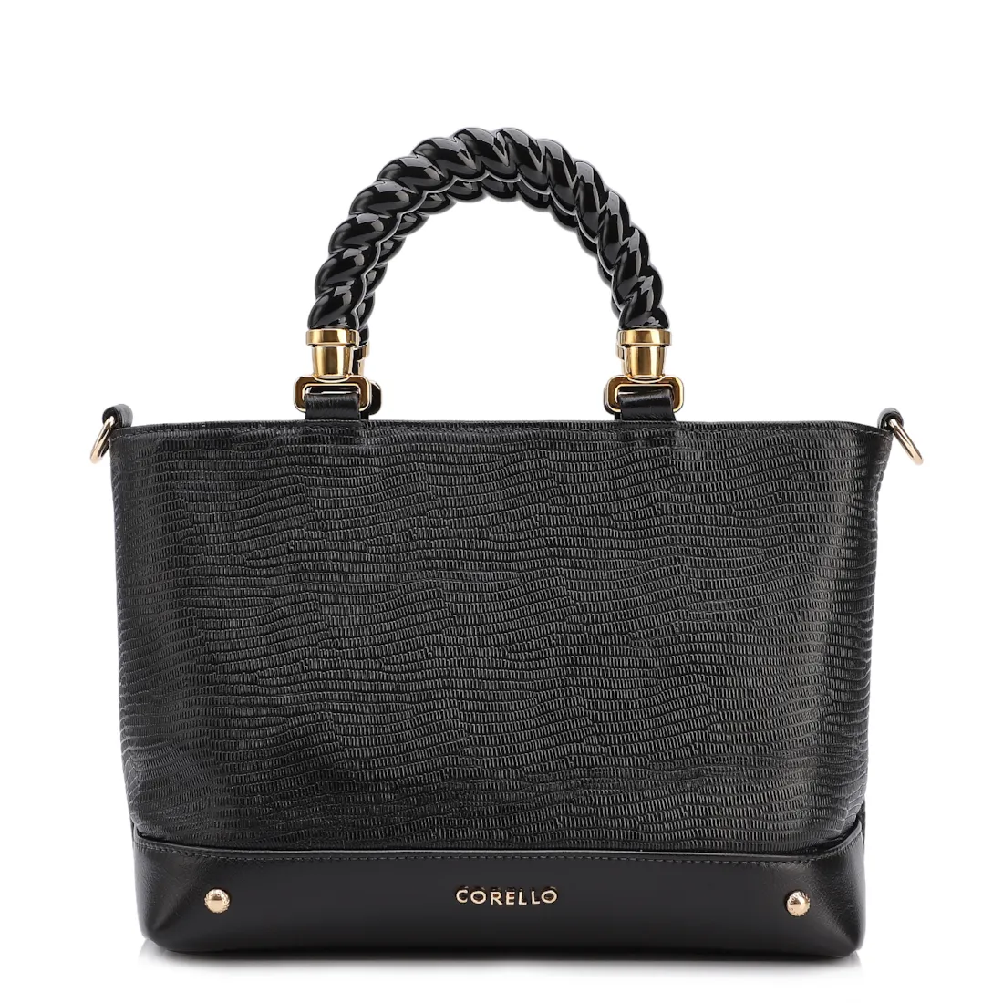 Bolsa Tote Couro Lezard Preto/Couro Preto