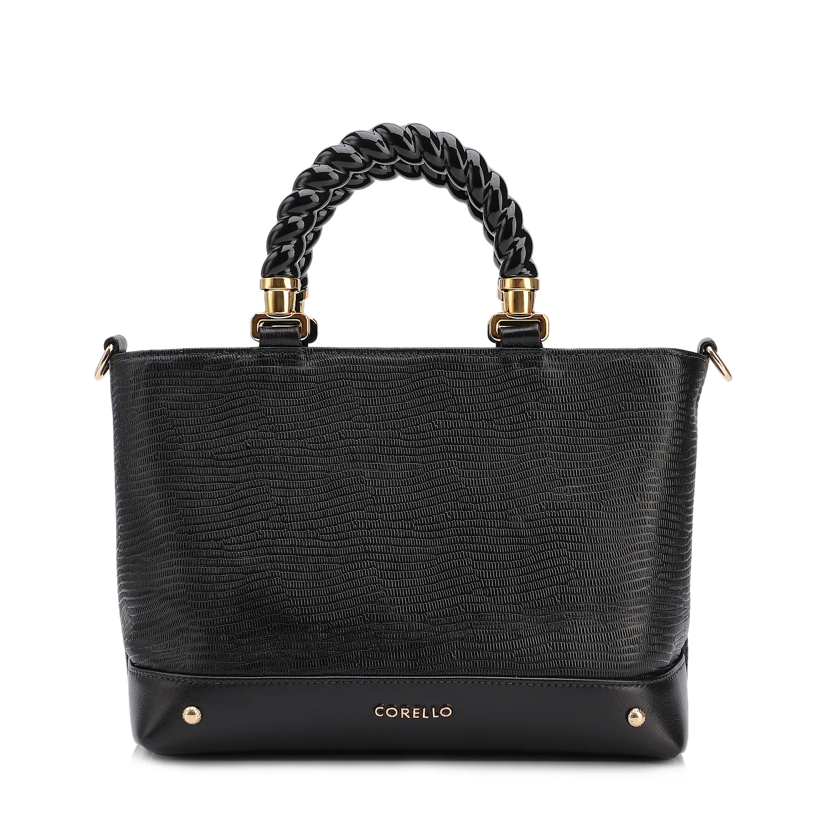 Bolsa Tote Couro Lezard Preto/Couro Preto