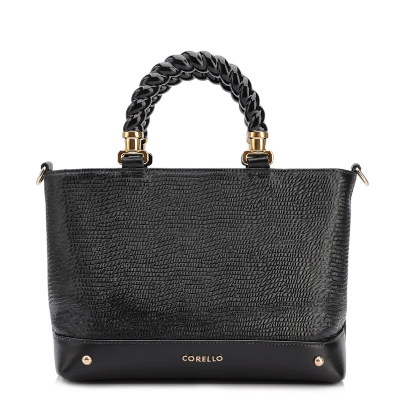 Bolsa Tote Couro Lezard Preto/Couro Preto