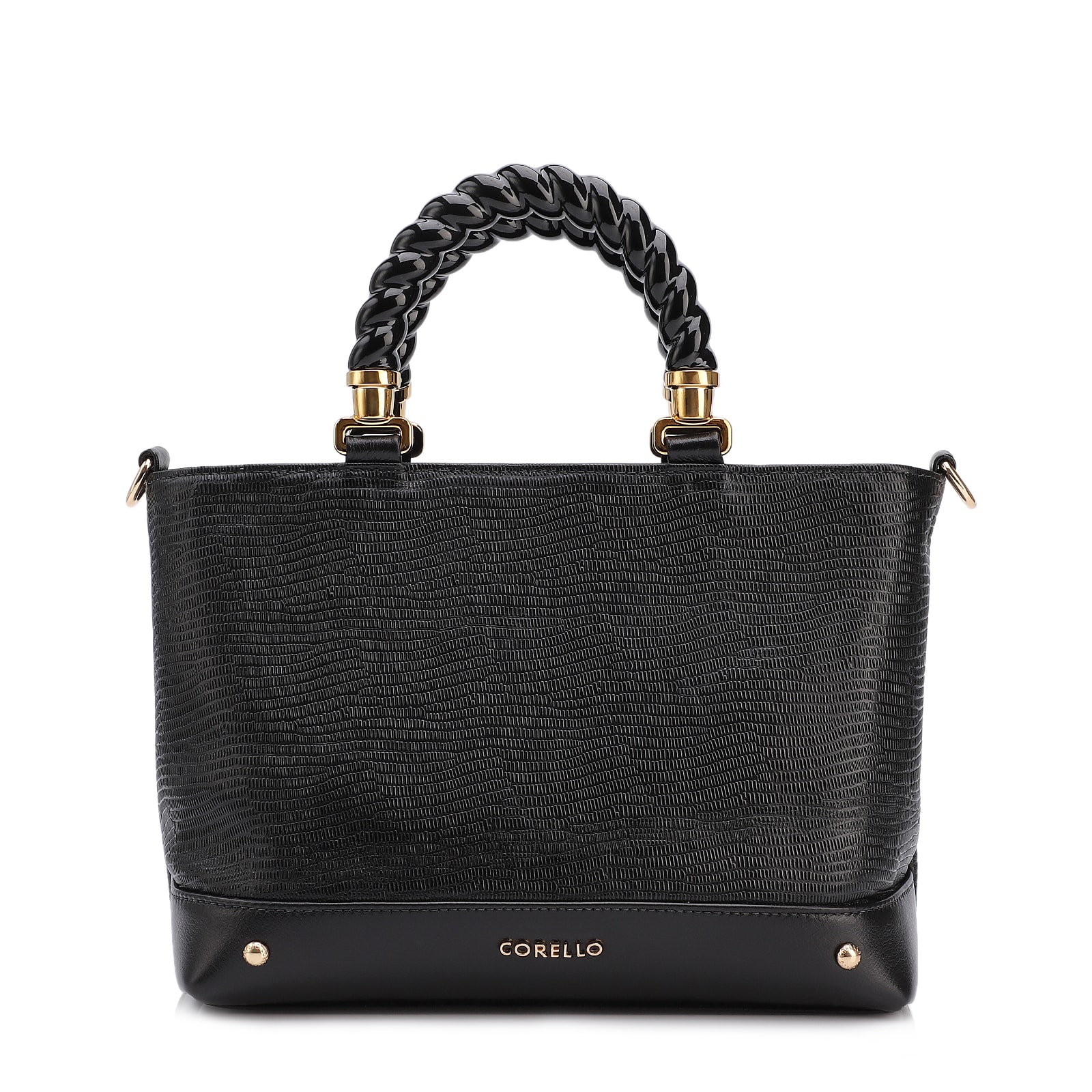 Bolsa Tote Couro Lezard Preto/Couro Preto