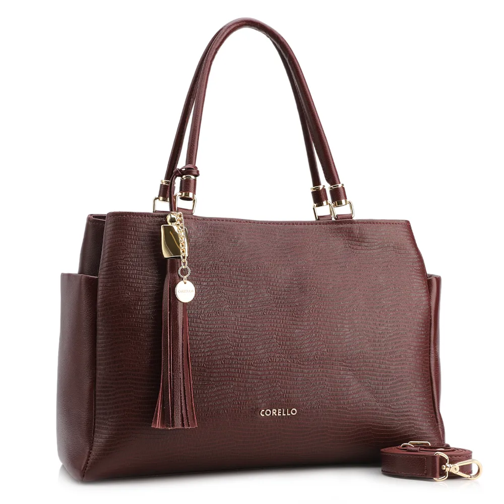 Bolsa Tote Couro Lezard Vinho/Couro Vinho Bolso Lateral - imagem 2
