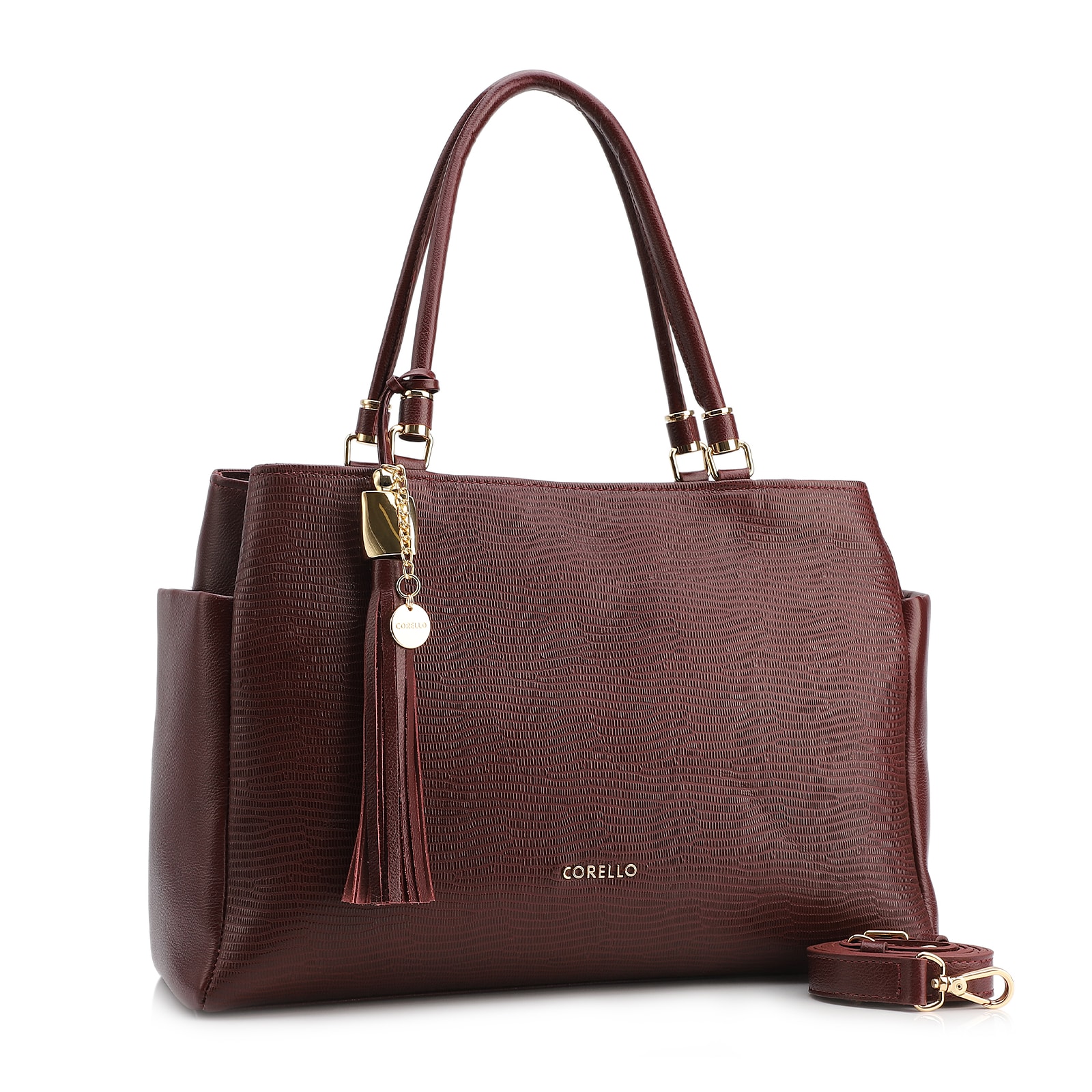 Bolsa Tote Couro Lezard Vinho/Couro Vinho Bolso Lateral