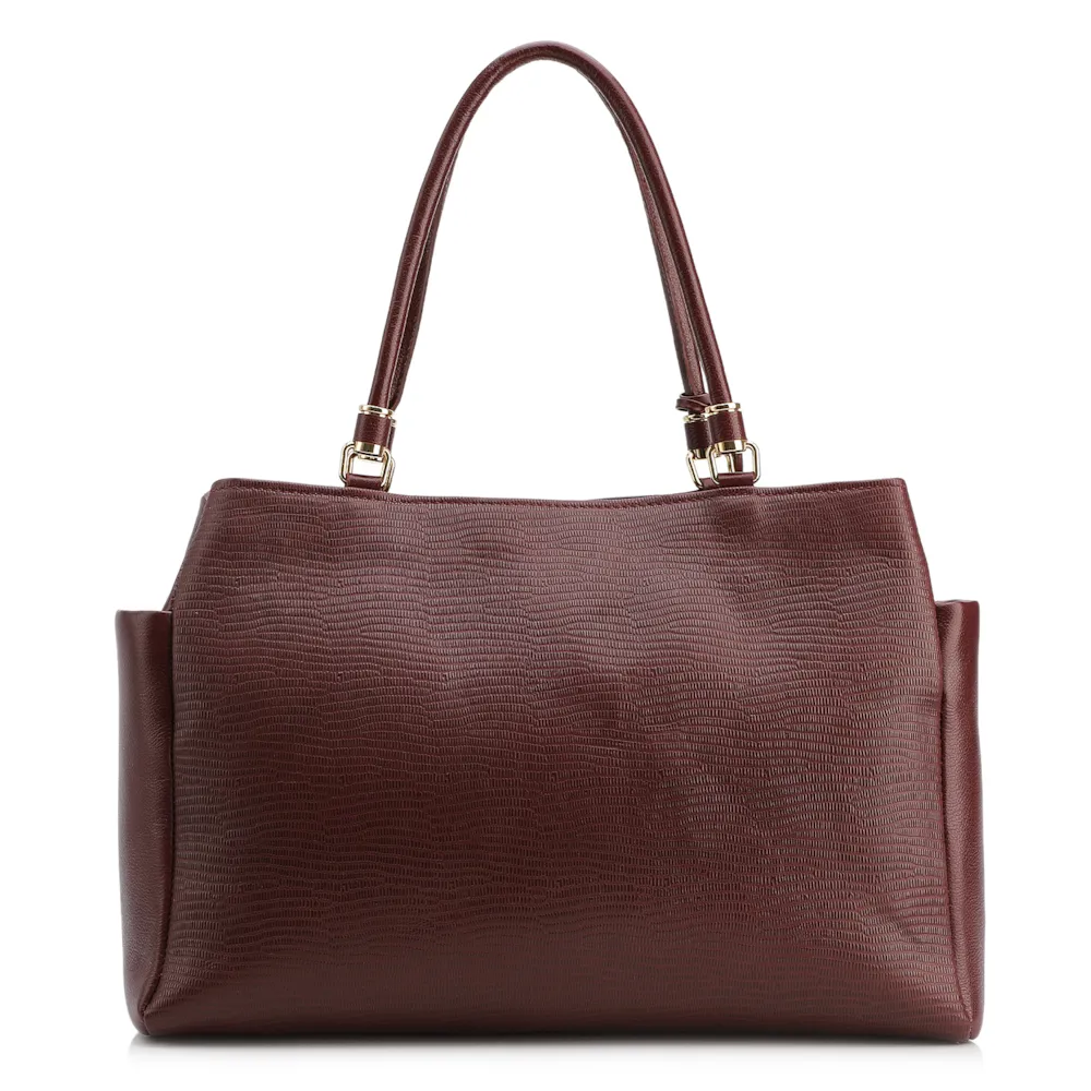 Bolsa Tote Couro Lezard Vinho/Couro Vinho Bolso Lateral - imagem 3
