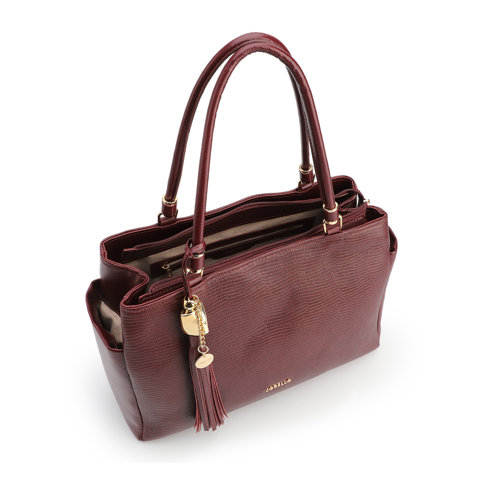 Bolsa Tote Couro Lezard Vinho/Couro Vinho Bolso Lateral