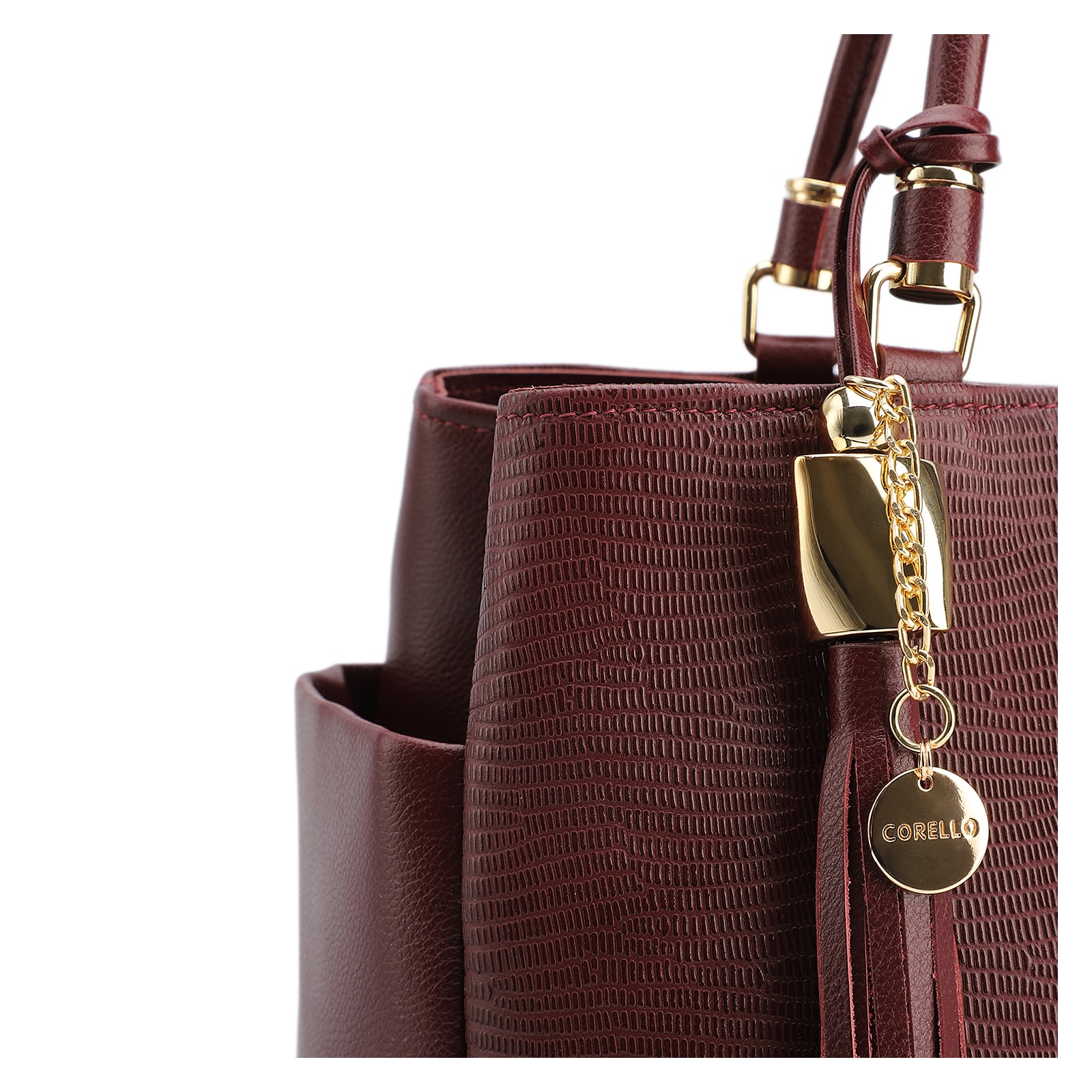 Bolsa Tote Couro Lezard Vinho/Couro Vinho Bolso Lateral