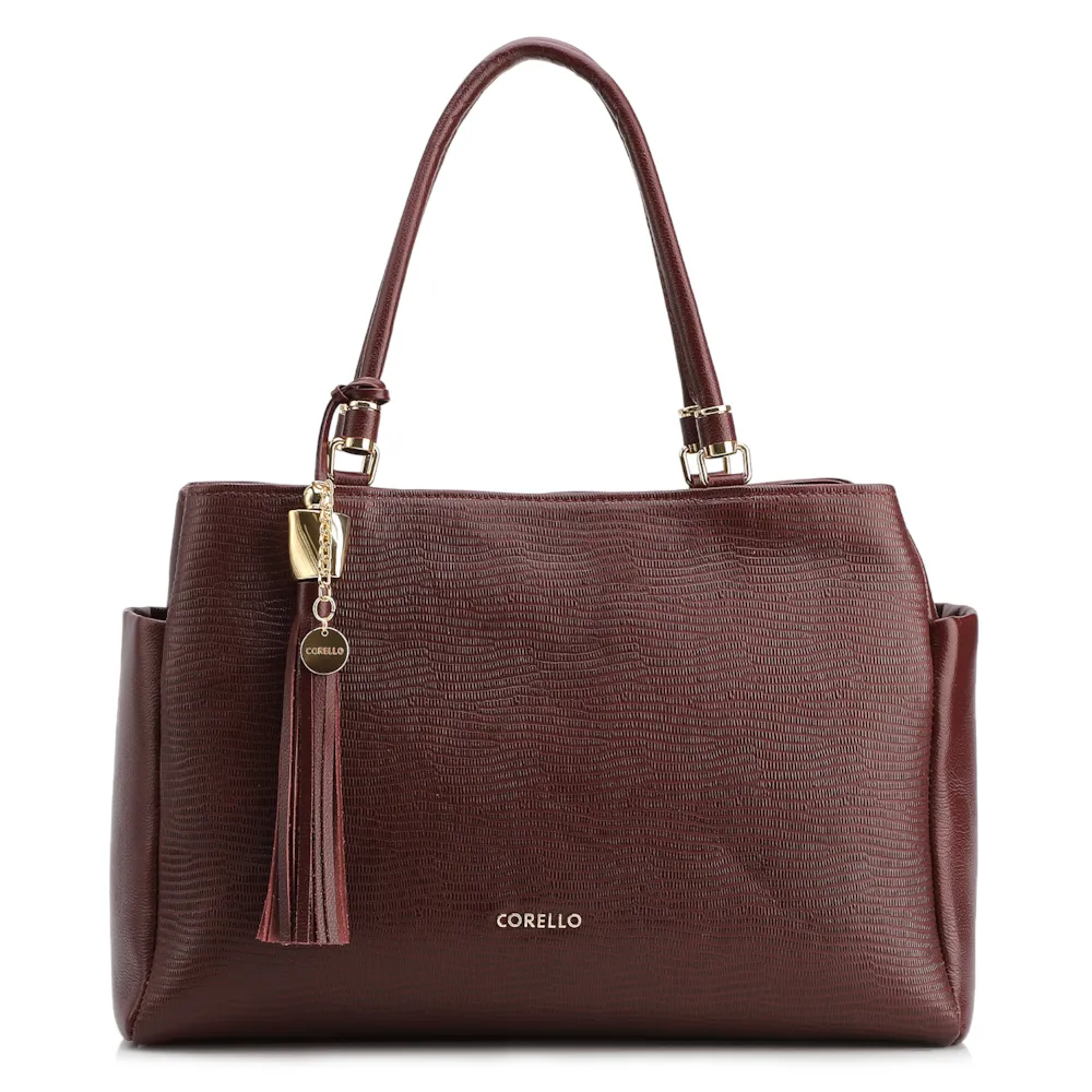 Bolsa Tote Couro Lezard Vinho/Couro Vinho Bolso Lateral