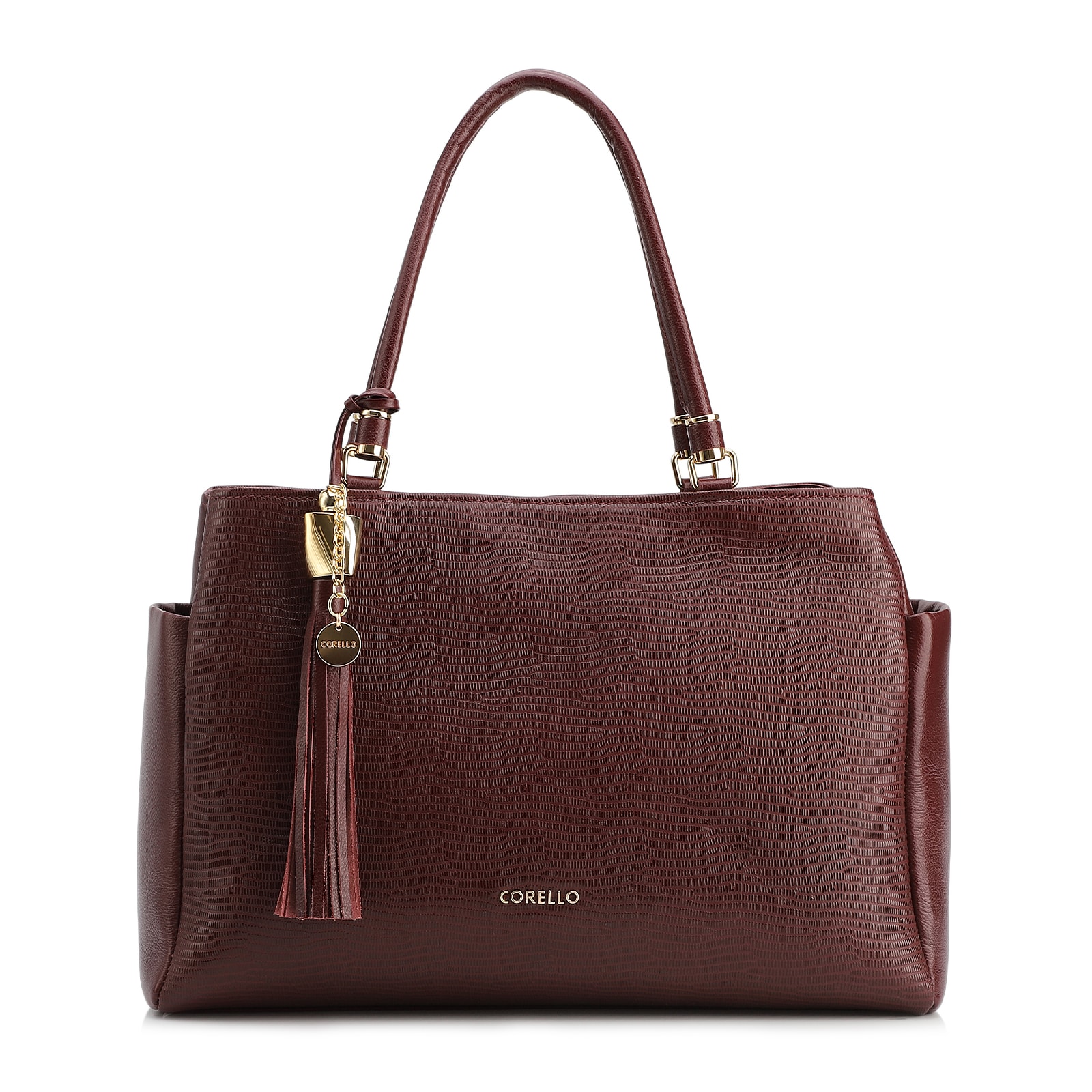 Bolsa Tote Couro Lezard Vinho/Couro Vinho Bolso Lateral