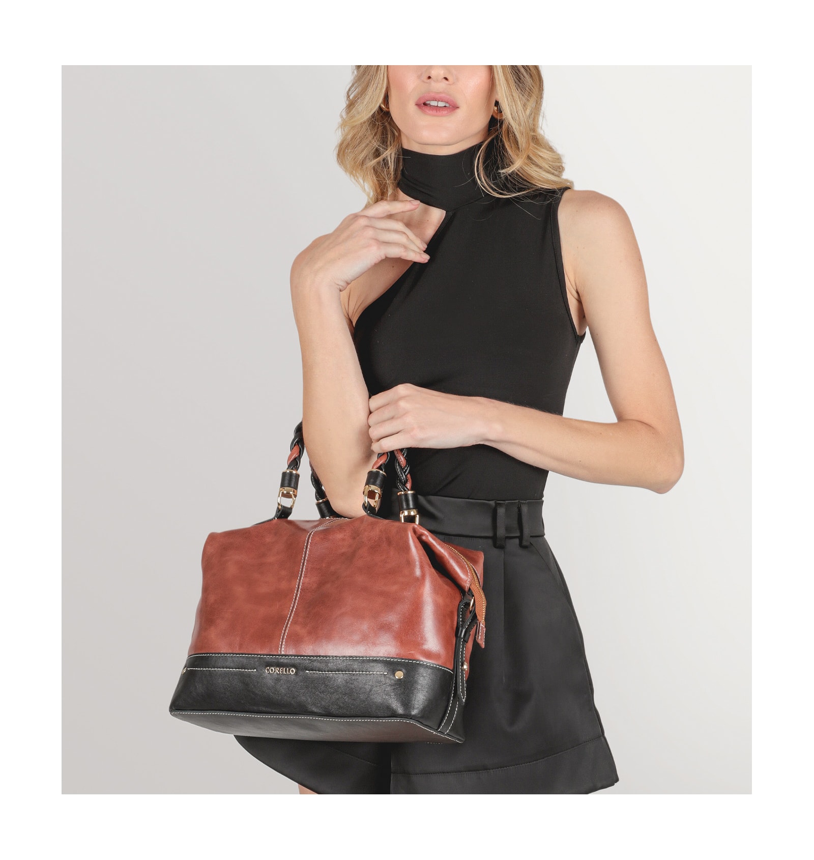 Bolsa Tote Couro Marrom/Preto