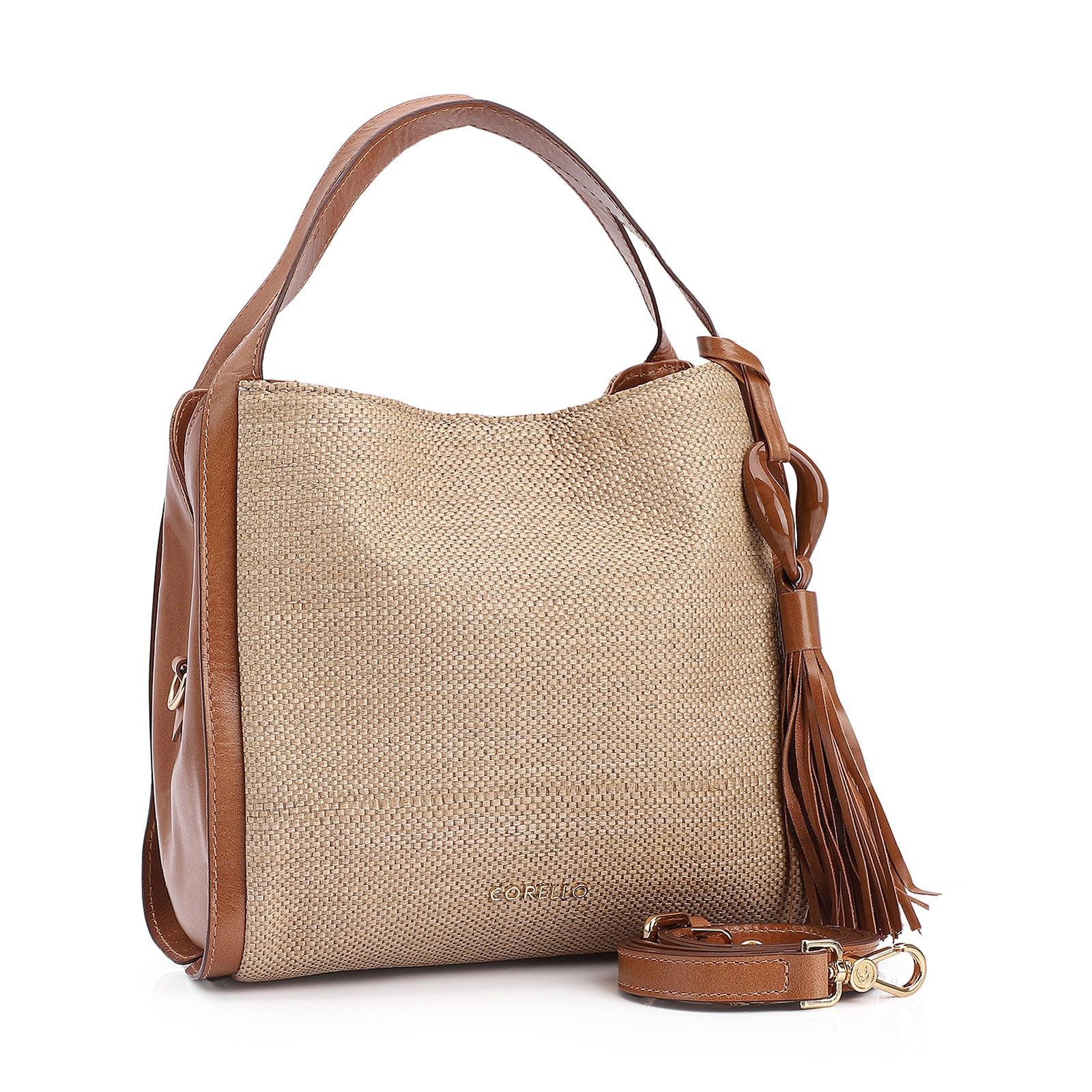 Bolsa Tote Couro Marrom/Ráfia