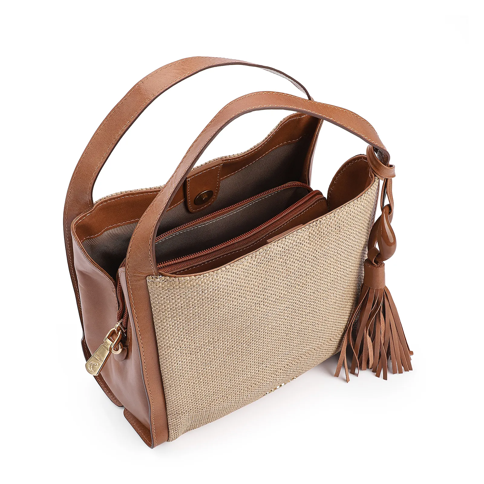 Bolsa Tote Couro Marrom/Ráfia