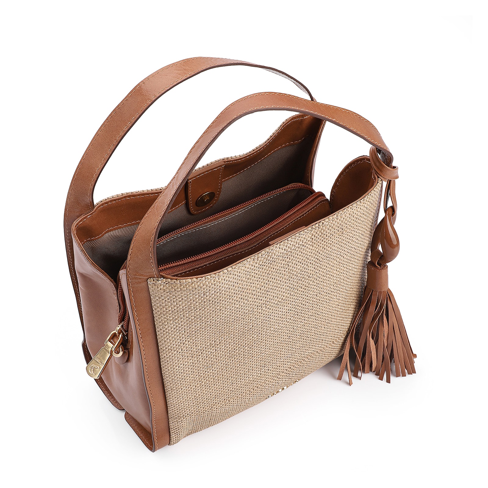Bolsa Tote Couro Marrom/Ráfia
