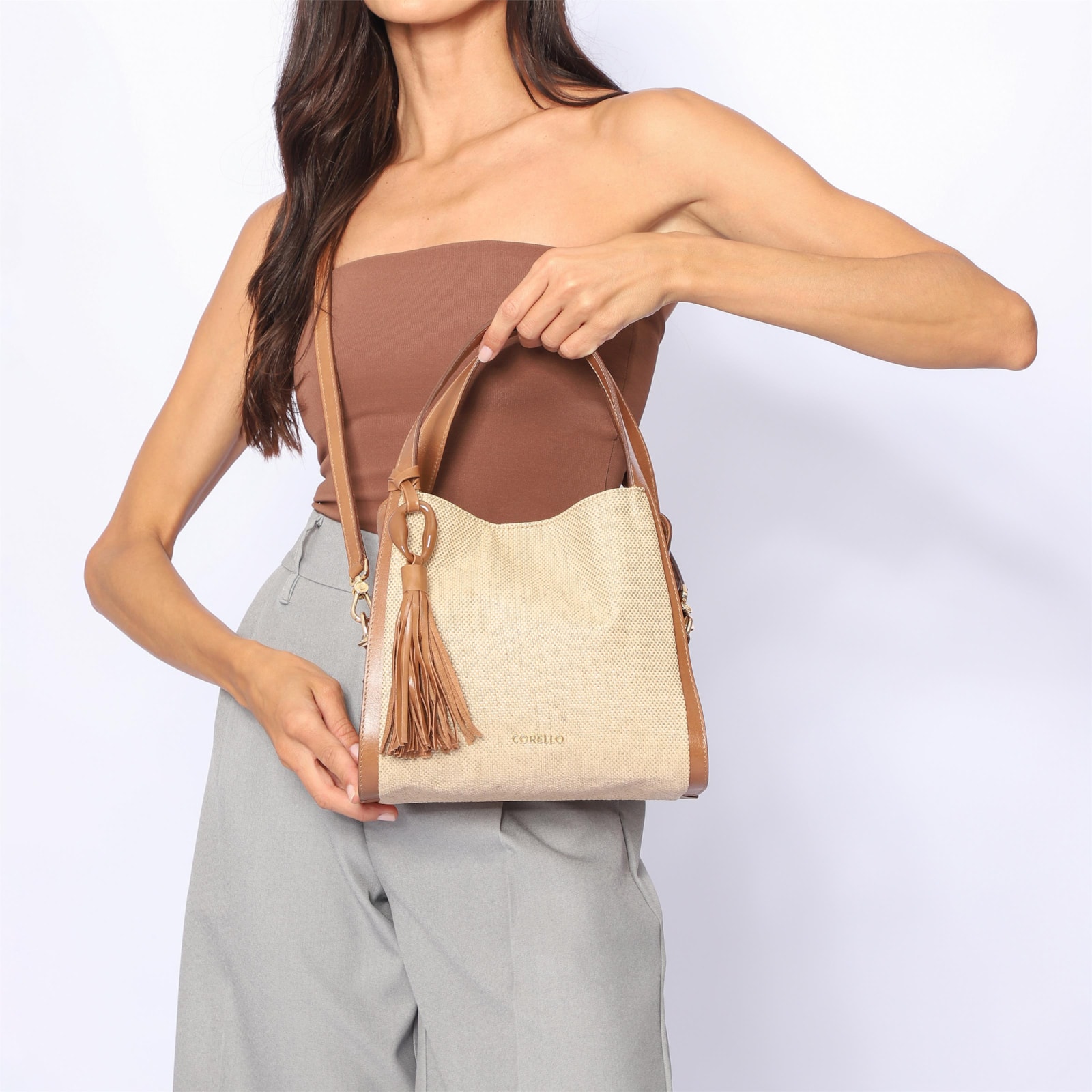 Bolsa Tote Couro Marrom/Ráfia