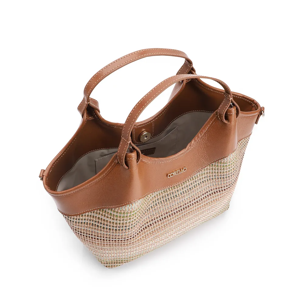 Bolsa Tote Couro Marrom/Ráfia Colorida - imagem 4