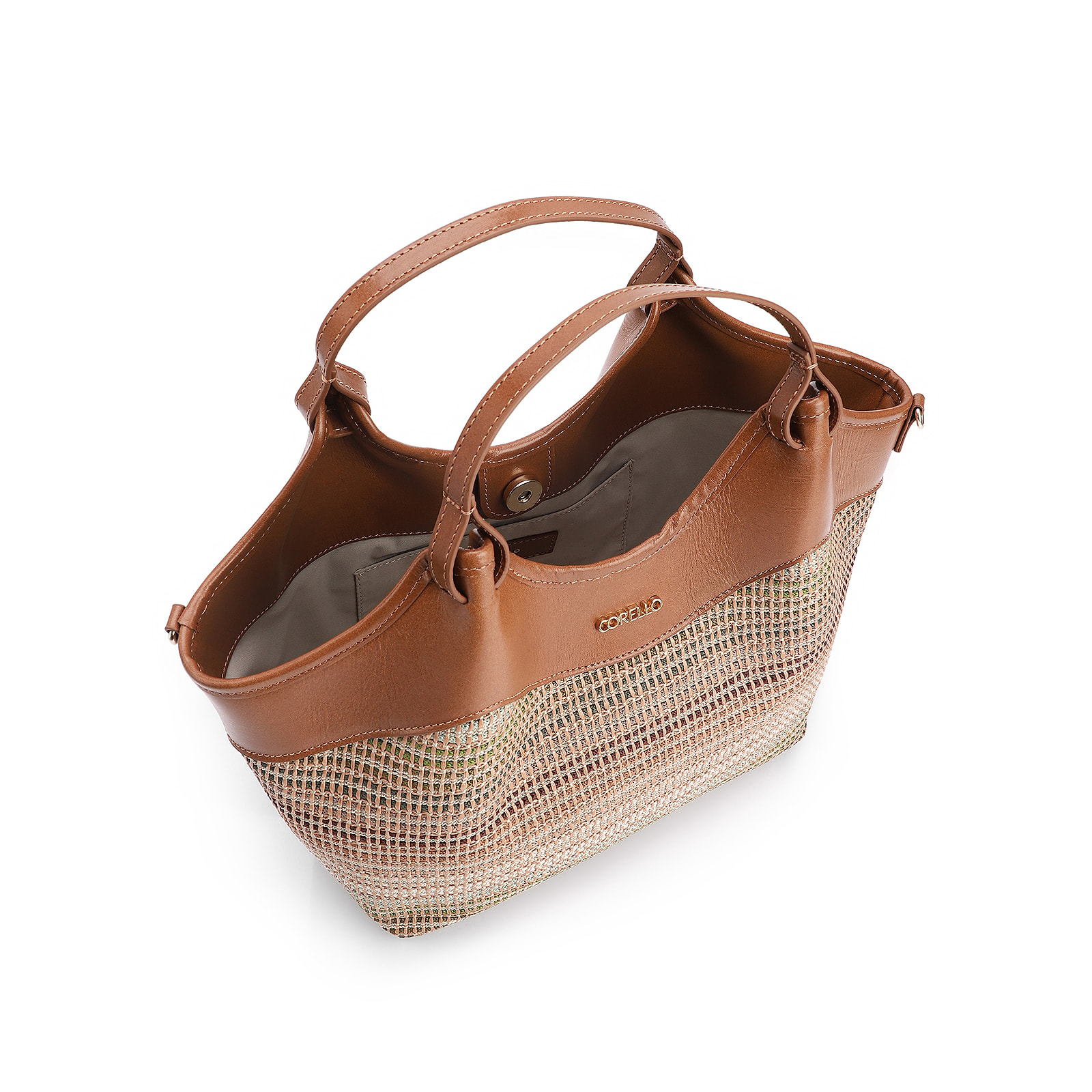 Bolsa Tote Couro Marrom/Ráfia Colorida