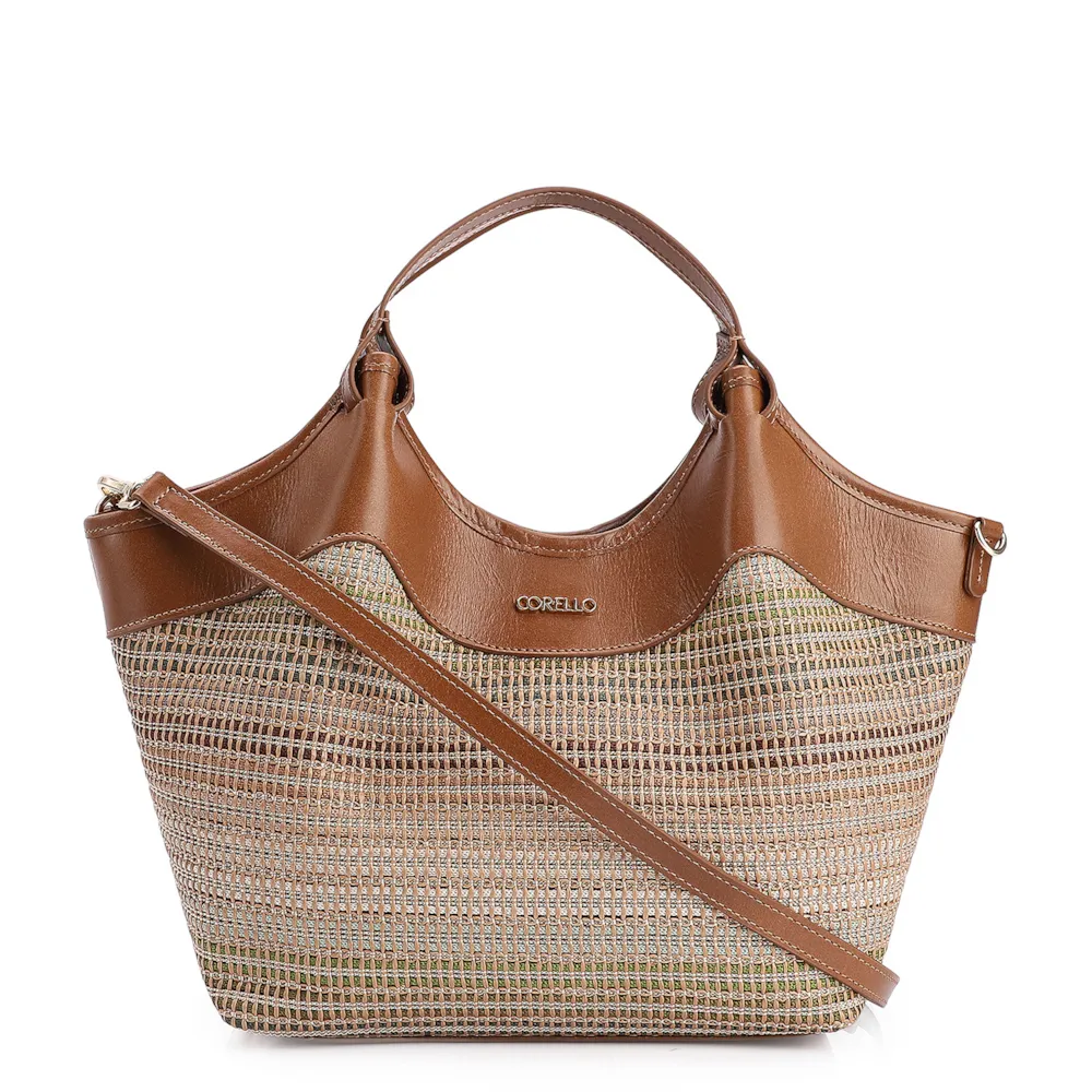 Bolsa Tote Couro Marrom/Ráfia Colorida