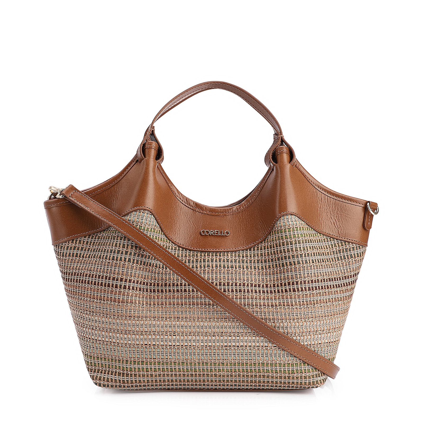 Bolsa Tote Couro Marrom/Ráfia Colorida