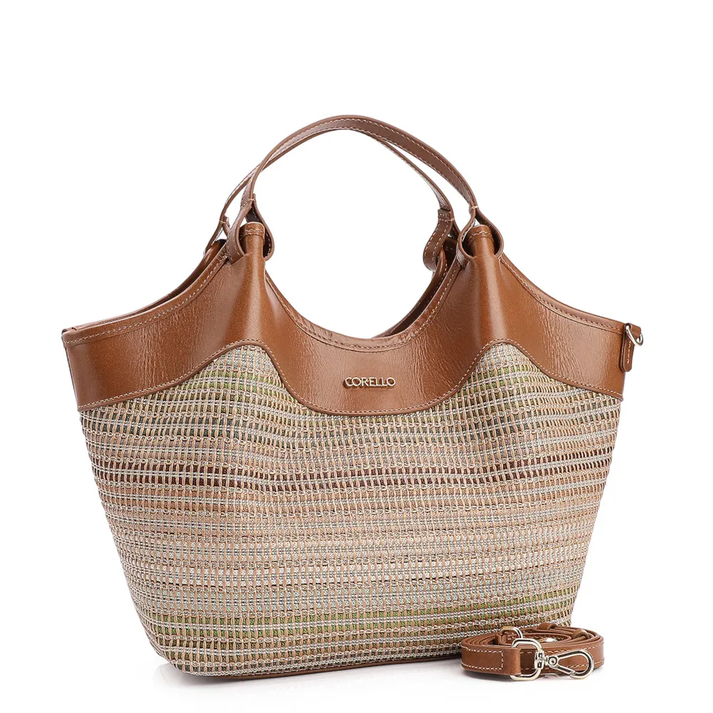 Bolsa Tote Couro Marrom/Ráfia Colorida - imagem 2