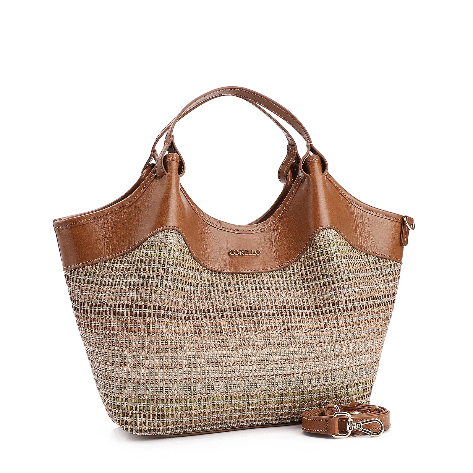 Bolsa Tote Couro Marrom/Ráfia Colorida