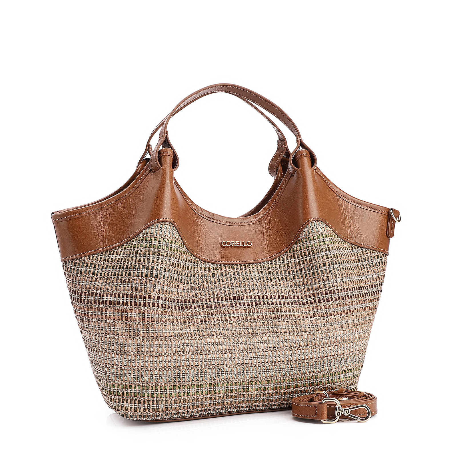 Bolsa Tote Couro Marrom/Ráfia Colorida
