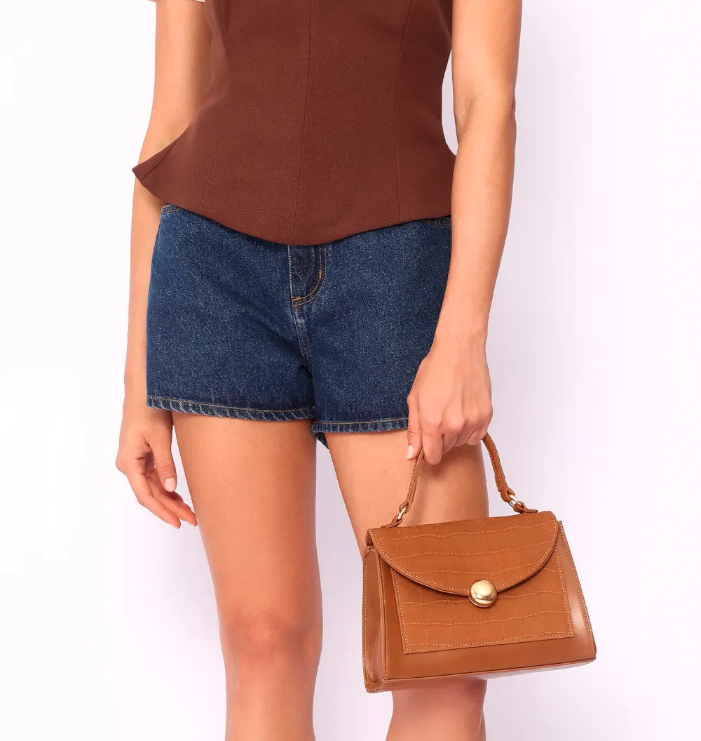 Bolsa Tote Couro Nobuck Croco/Couro Marrom Claro - imagem 2