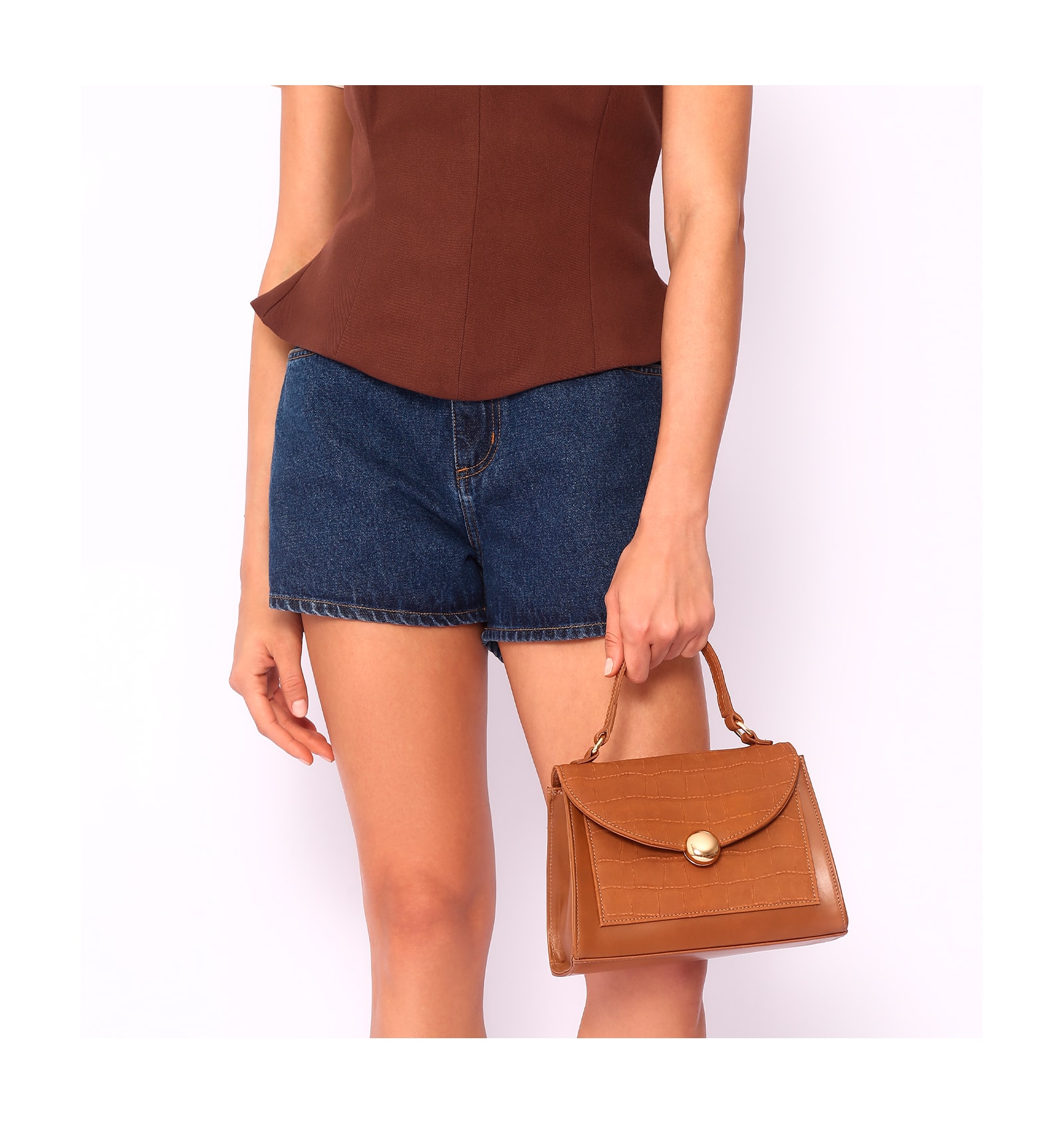 Bolsa Tote Couro Nobuck Croco/Couro Marrom Claro