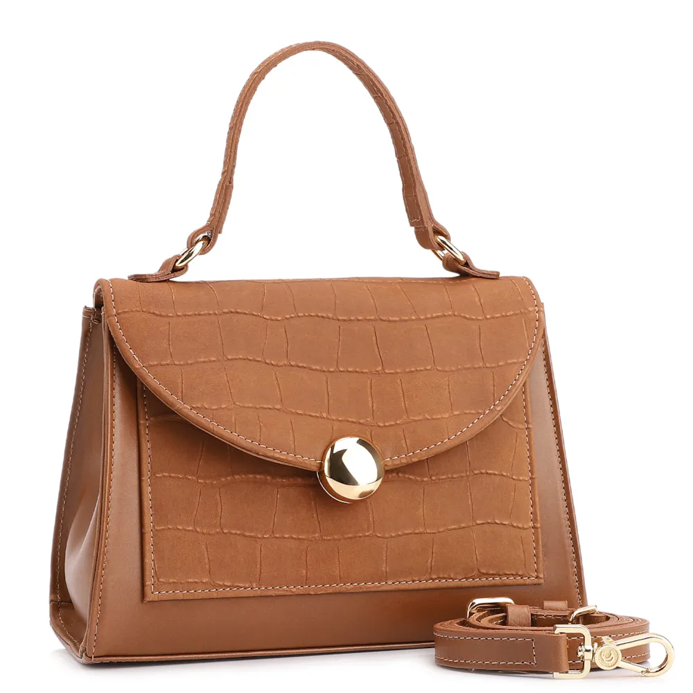 Bolsa Tote Couro Nobuck Croco/Couro Marrom Claro - imagem 3