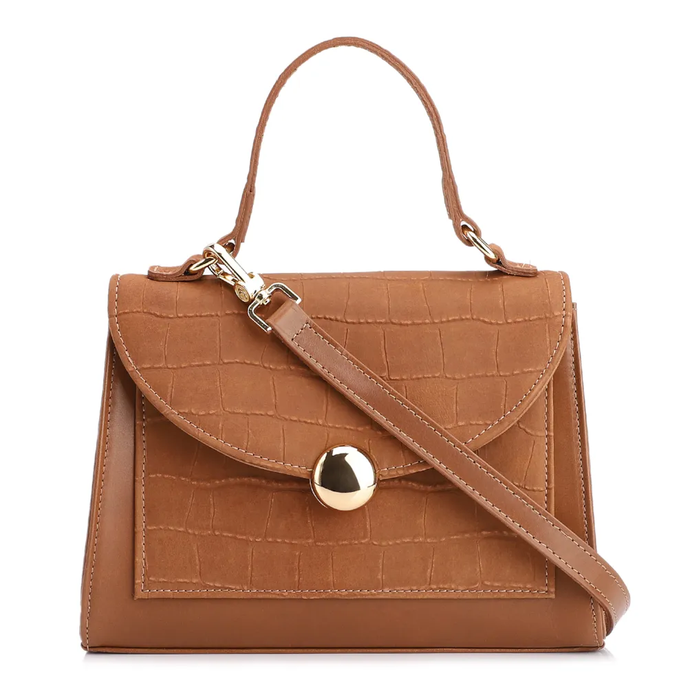 Bolsa Tote Couro Nobuck Croco/Couro Marrom Claro