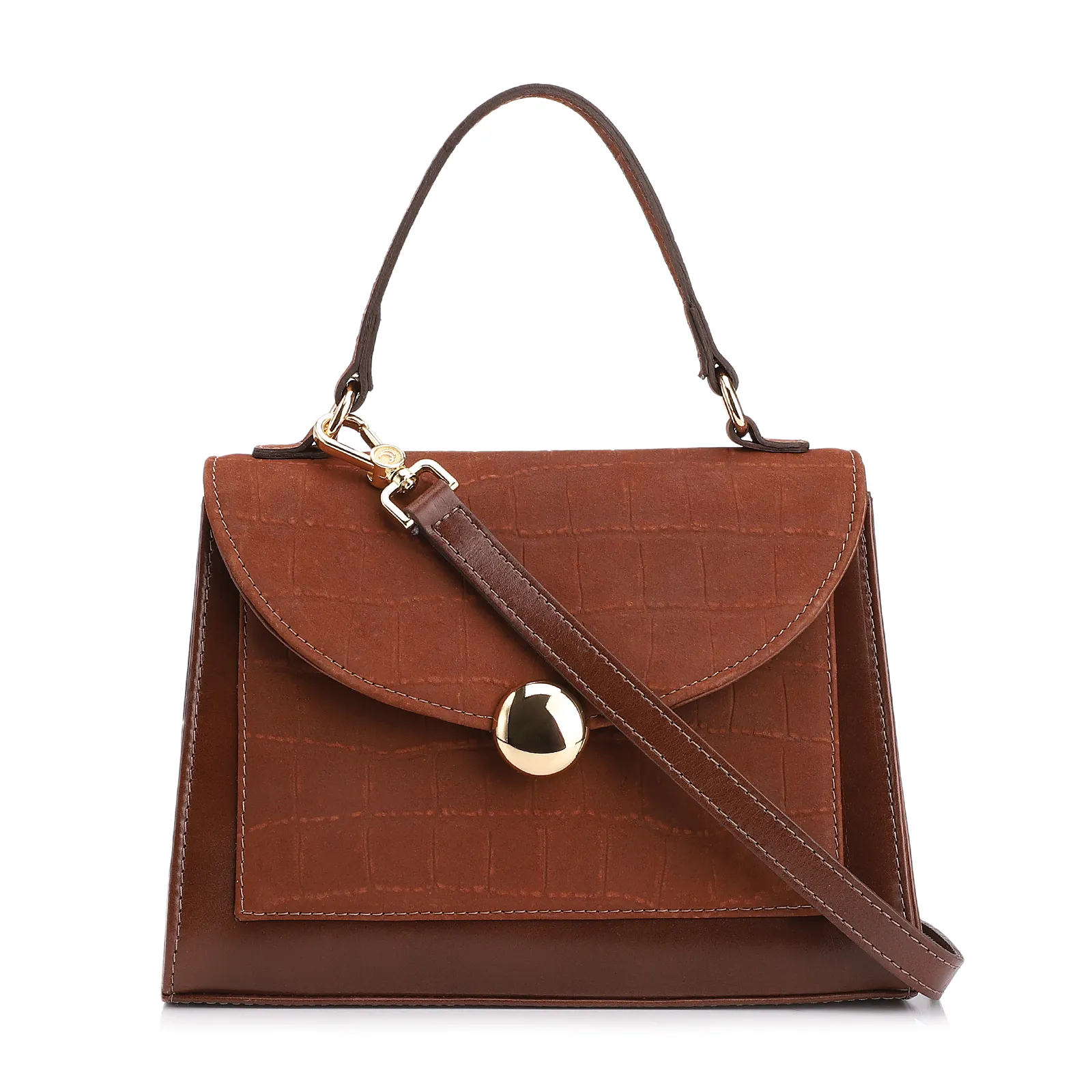 Bolsa Tote Couro Nobuck Croco/Couro Marrom Escuro