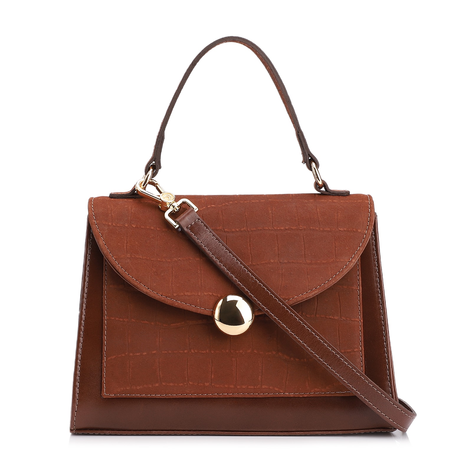 Bolsa Tote Couro Nobuck Croco/Couro Marrom Escuro