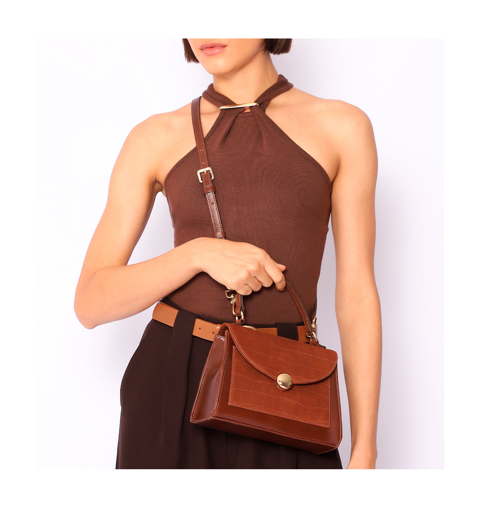 Bolsa Tote Couro Nobuck Croco/Couro Marrom Escuro
