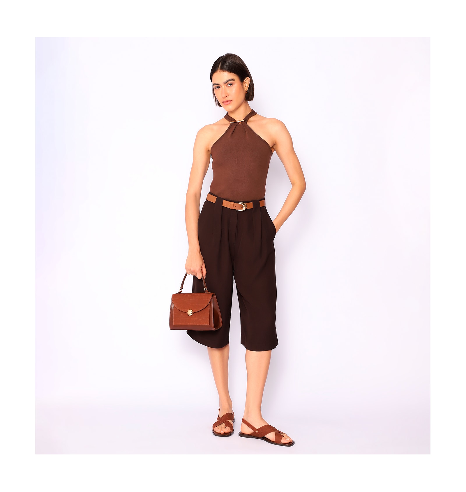 Bolsa Tote Couro Nobuck Croco/Couro Marrom Escuro