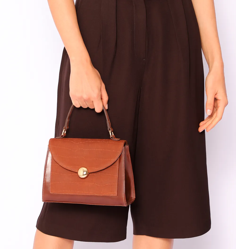 Bolsa Tote Couro Nobuck Croco/Couro Marrom Escuro - imagem 2