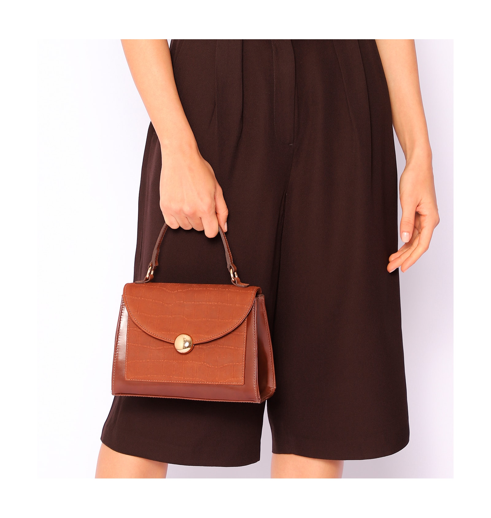Bolsa Tote Couro Nobuck Croco/Couro Marrom Escuro