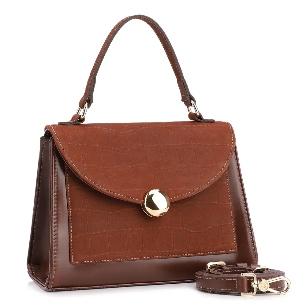 Bolsa Tote Couro Nobuck Croco/Couro Marrom Escuro - imagem 3