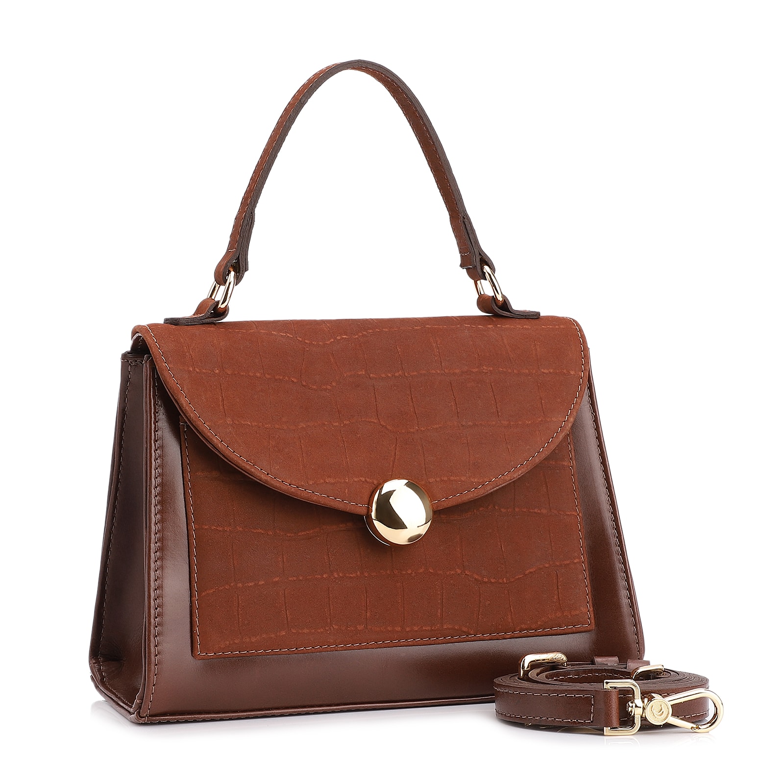 Bolsa Tote Couro Nobuck Croco/Couro Marrom Escuro