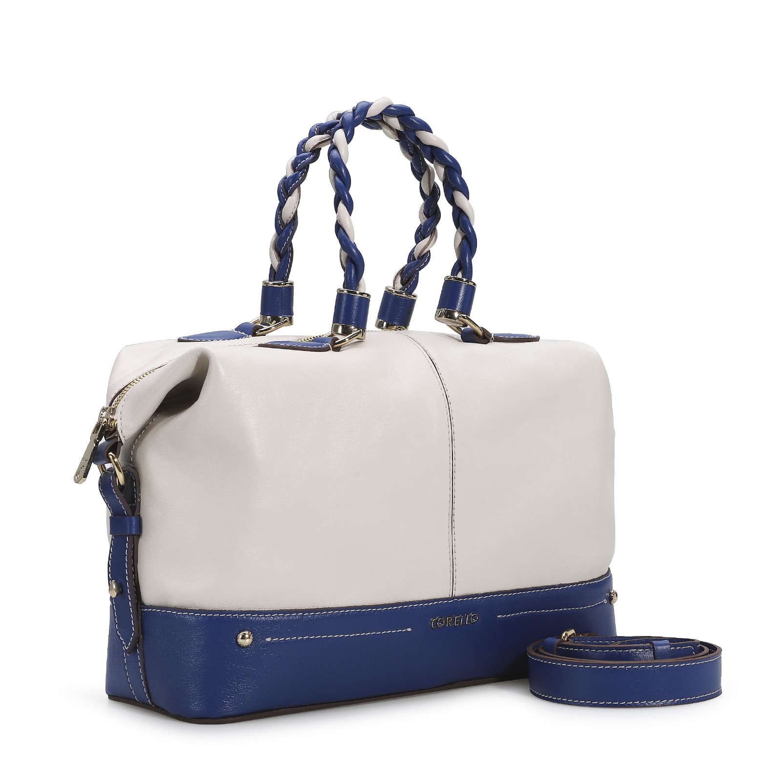 Bolsa Tote Couro Off White/Azul